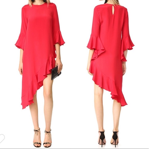Alexis Dresses & Skirts - Alexis hazel red asymmetric ruffle silk long bell sleeve dress XS